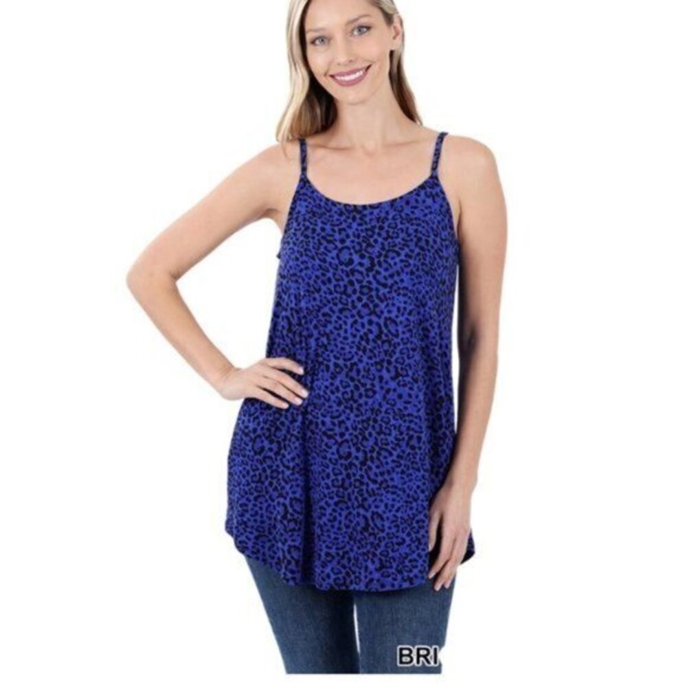 Zenana‎ Women's Blue Leopard Print Spaghetti Strap Tank Top - Size XL